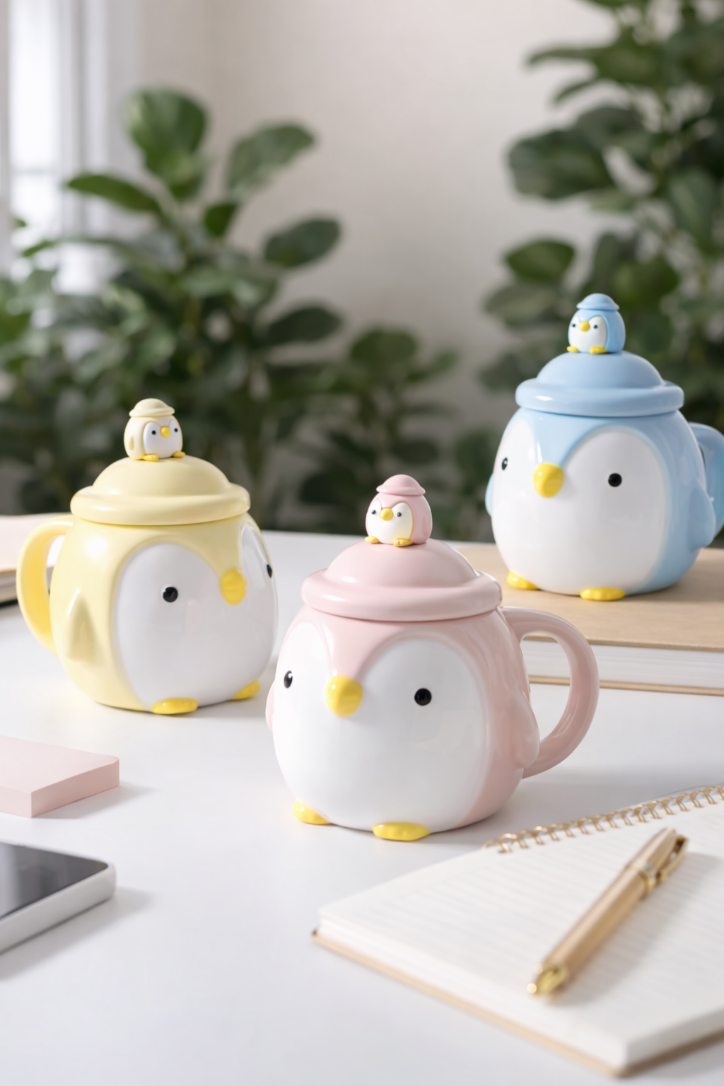three pastel penguin mugs 