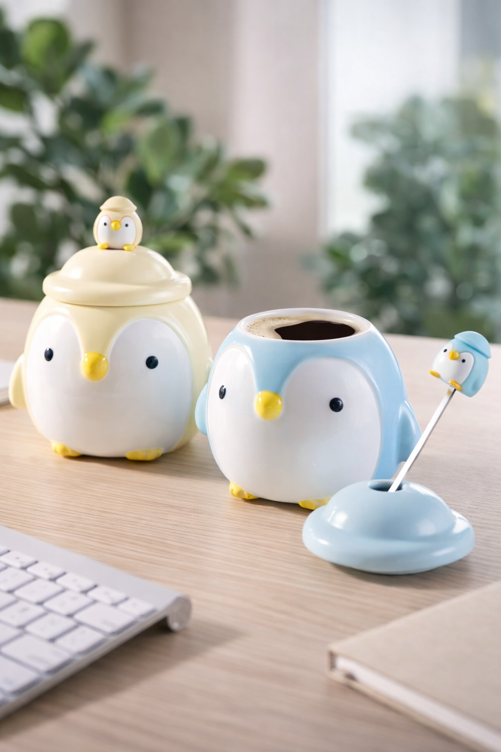 Two ceramic penguin-shaped mugs